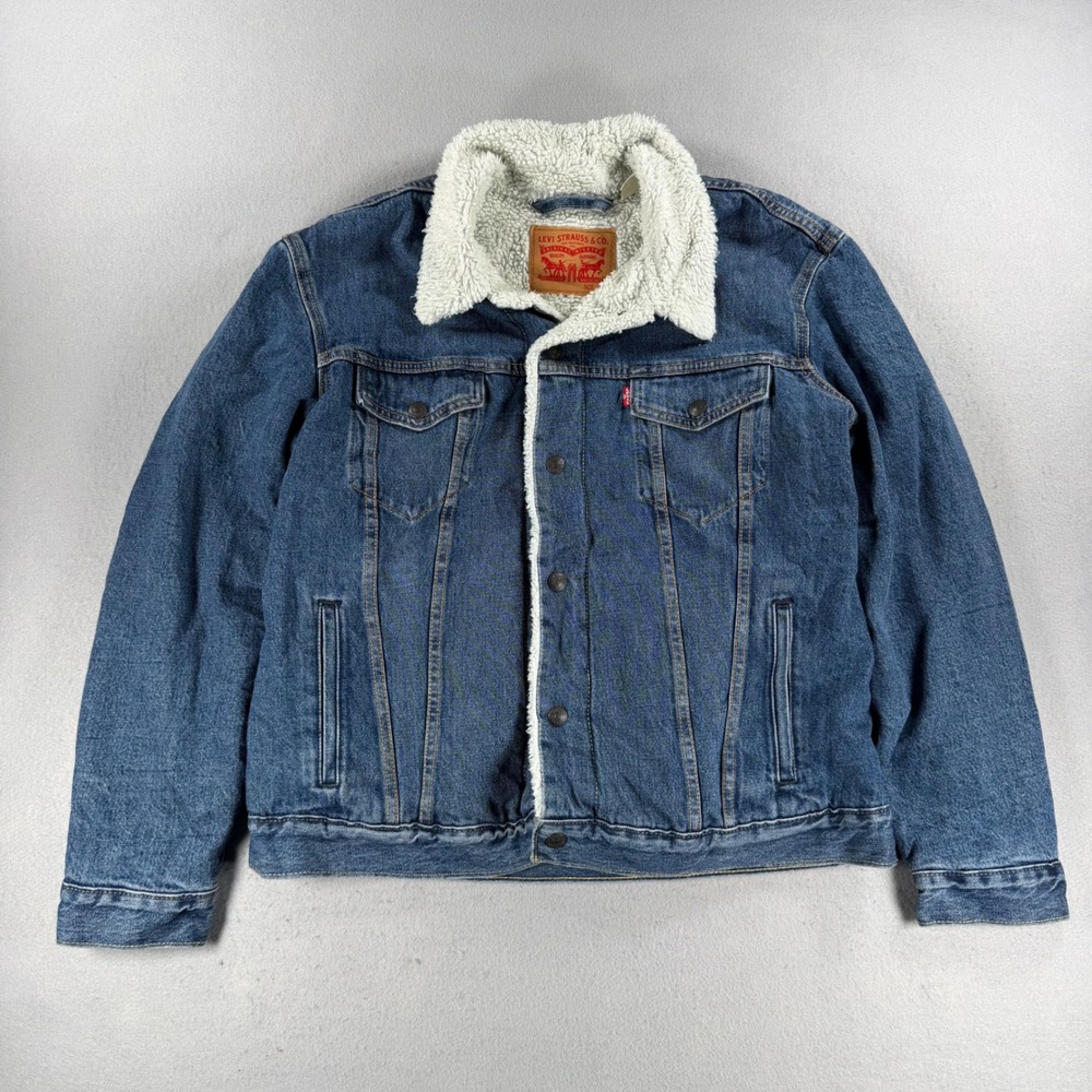 VTG Levis Mens Sherpa Lined Denim Trucker Jacket Medium Wash Blue Size L